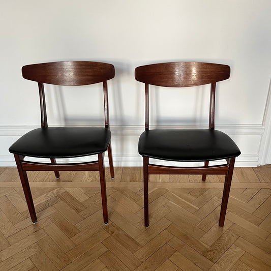 Mid-Century Modern Dining Chairs in Teak and Black Vinyl