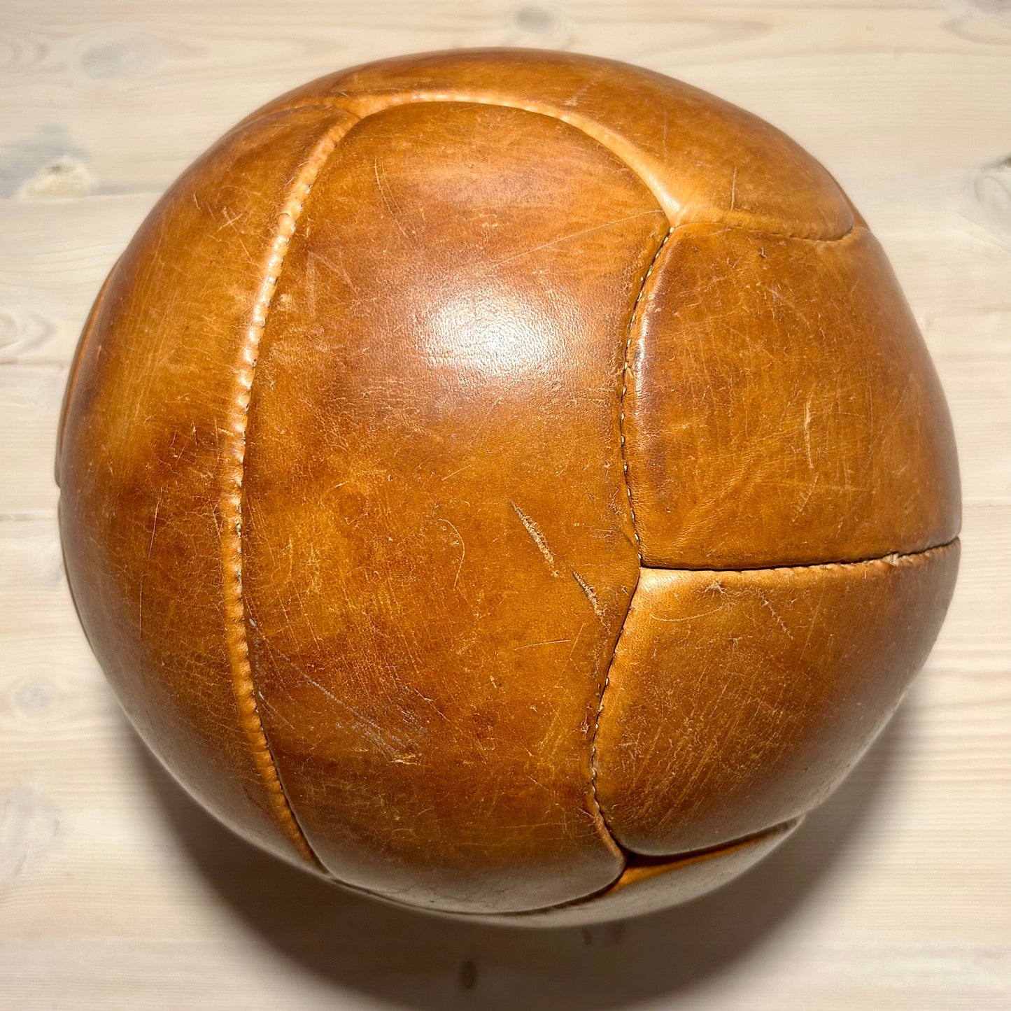 Large vintage leather medicine ball from the 1940s–1950s