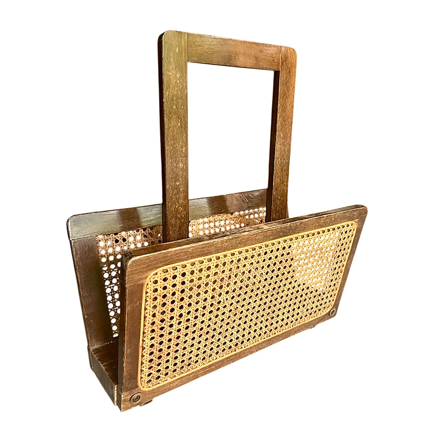 Italian wood and woven cane magazine rack
