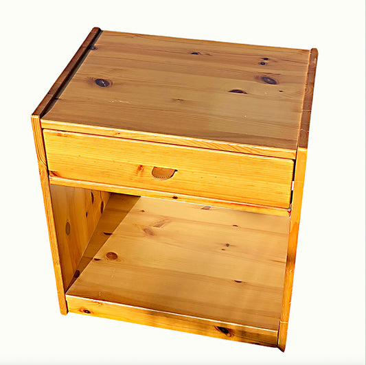 1970s bedside table in pine, with leather details