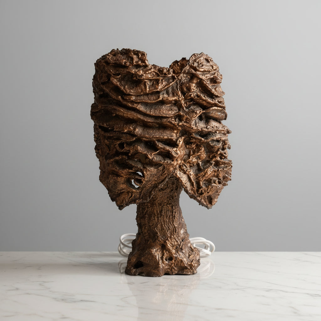 A sculptural wall-mounted lamp with a highly textured, organic brown and bronze metallic surface, shown mounted on a light-colored marble-patterned wall with a white cord visible.