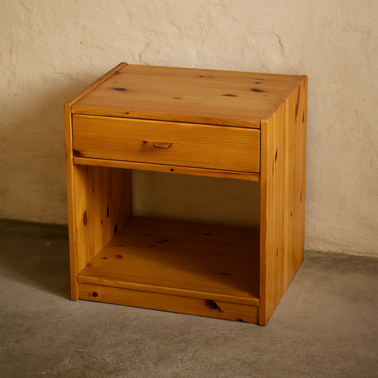 1970s bedside table in pine, with leather details