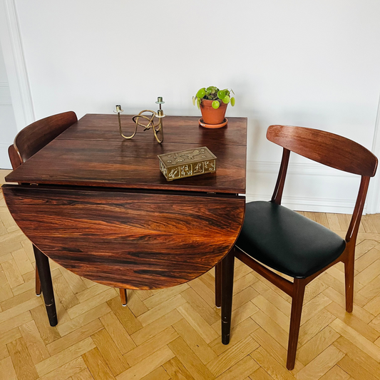 Mid-Century Modern Dining Chairs in Teak and Black Vinyl
