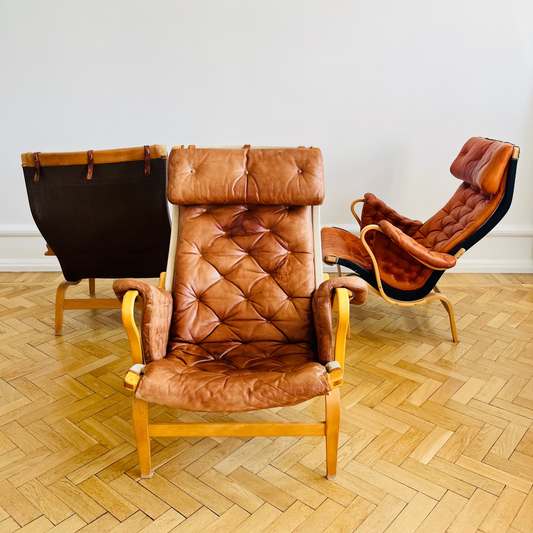 Pernilla 69 Lounge chair by Bruno Mathsson, brown leather and white canvas, for DUX