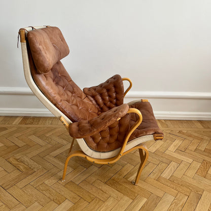 Pernilla 69 Lounge chair by Bruno Mathsson, brown leather and white canvas, for DUX