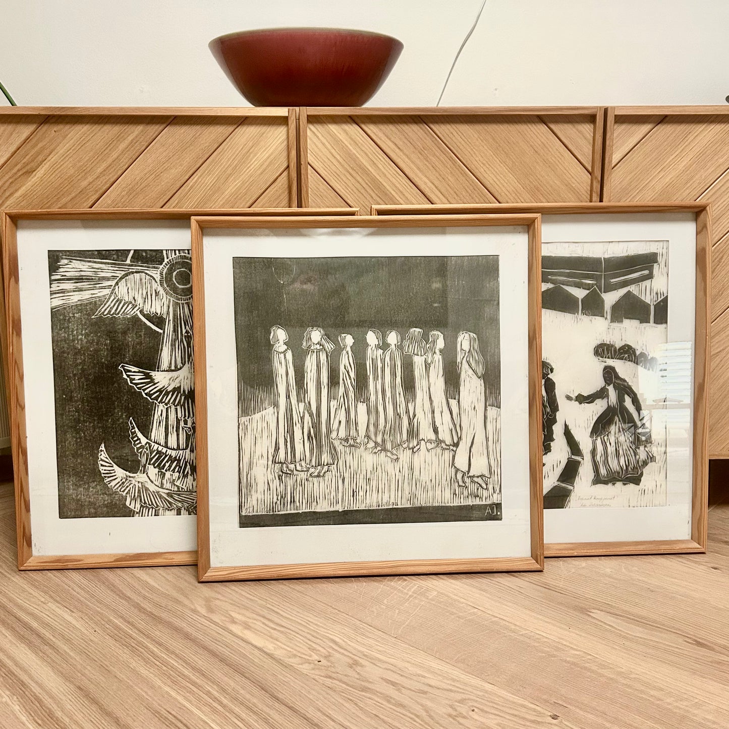 Three framed graphic sheets by Aili Hiukka-Iivarinen