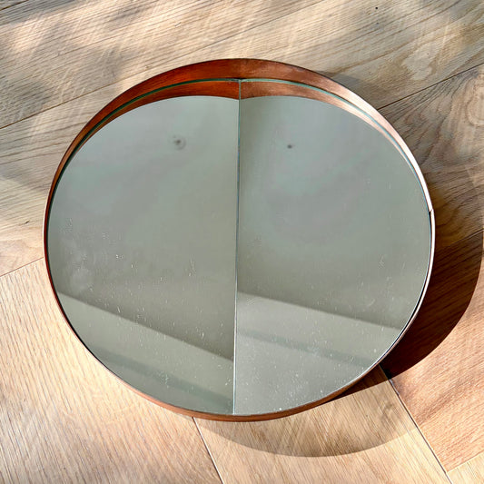 Round Handcrafted Mirror, Solid Copper Frame, Scandinavian Mid-Century Style