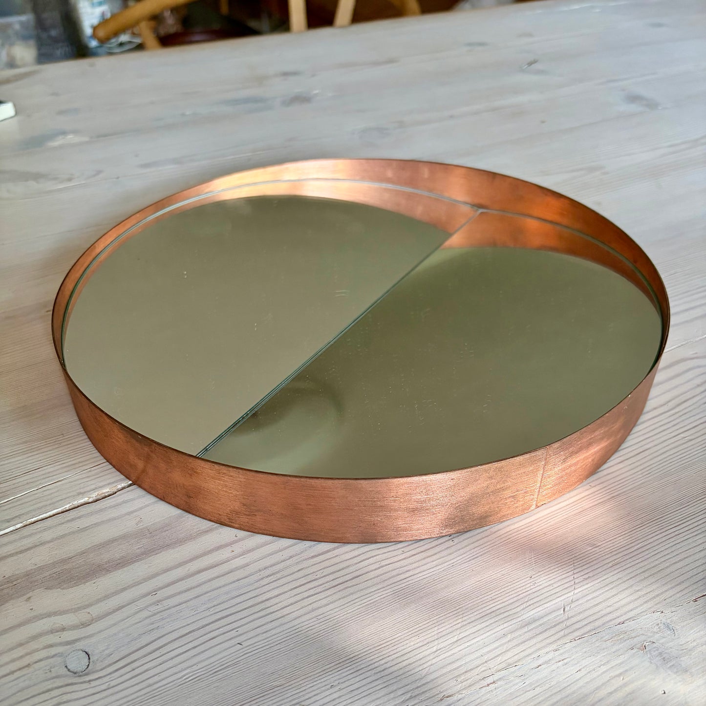Round Handcrafted Mirror, Solid Copper Frame, Scandinavian Mid-Century Style