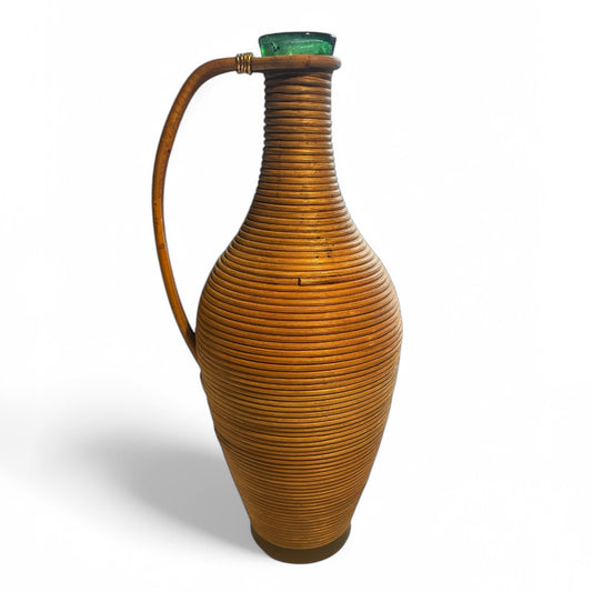 Rattan covered 1960s glass bottle with brass details