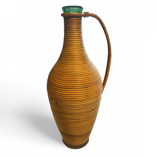 Rattan covered 1960s glass bottle with brass details
