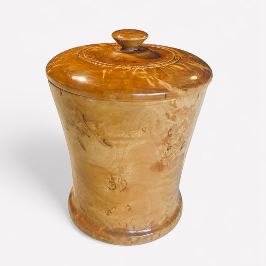 Folk art turned wooden jar made out of curly birch from the 1940s
