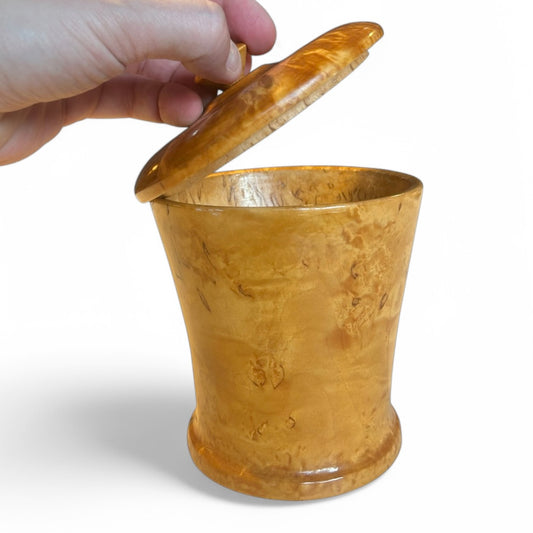 Folk art turned wooden jar made out of curly birch from the 1940s