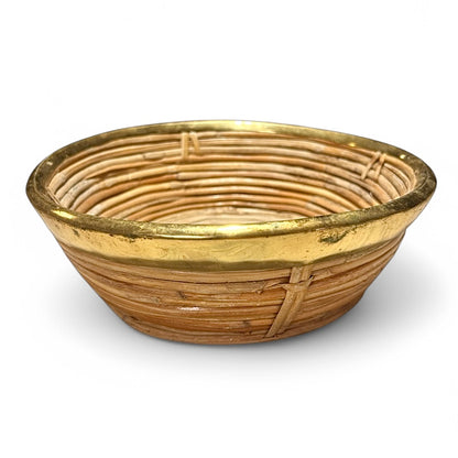 Vintage rattan and brass bowl from Italy in the style of Gabriella Crespi