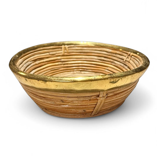 Vintage rattan and brass bowl from Italy in the style of Gabriella Crespi