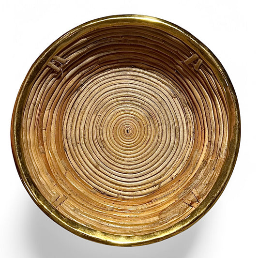 Vintage rattan and brass bowl from Italy in the style of Gabriella Crespi