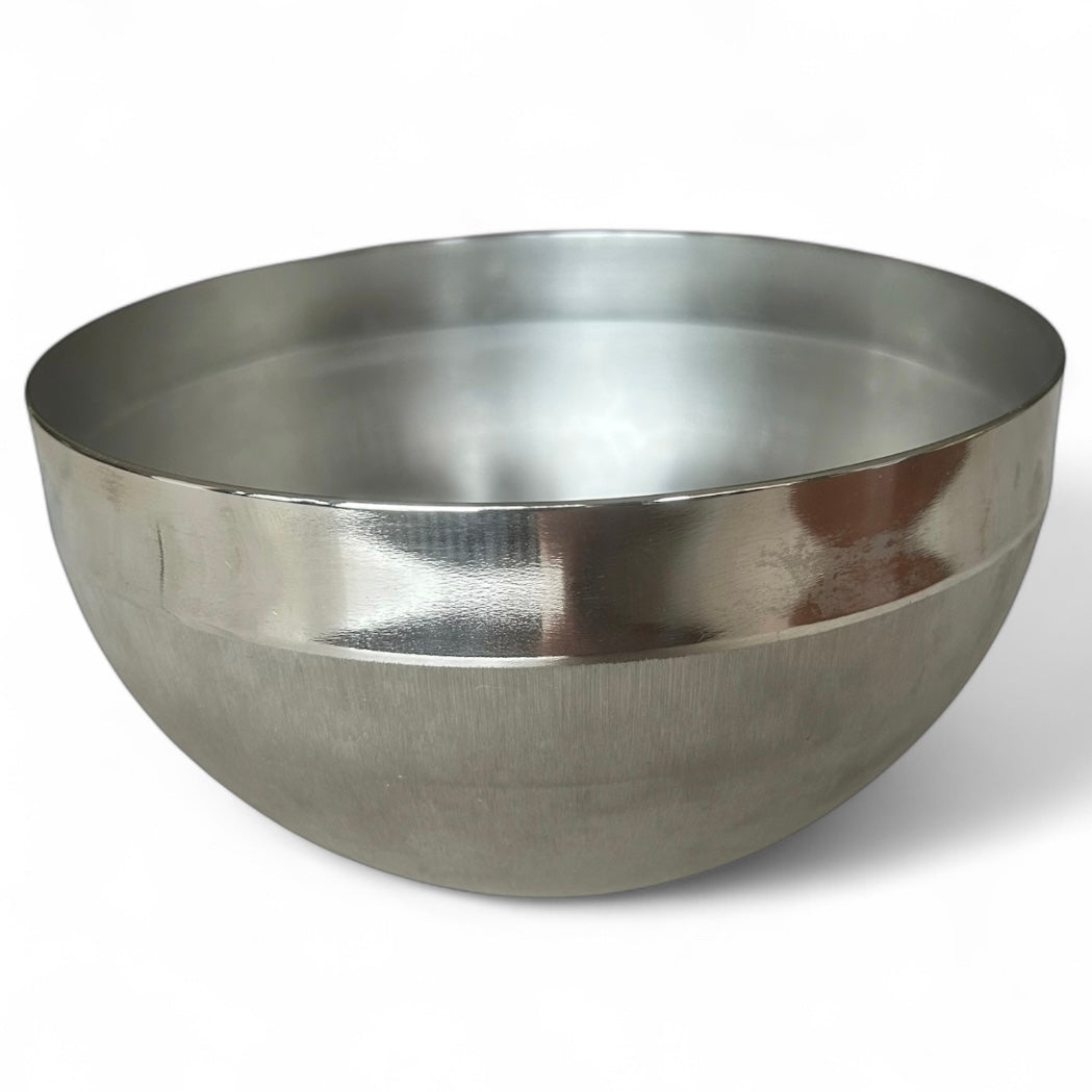 Vintage brushed steel bowl by Seita Steel with SKOP bank logo